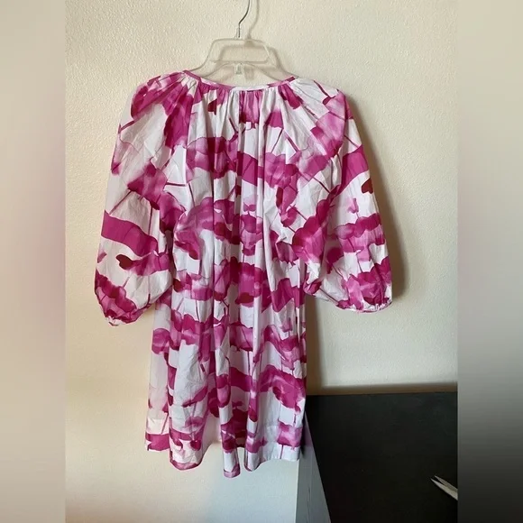 COS Women’s Puff Sleeve Printed Dress Pink Size 10 Barbiecore Flowy Shirt Dress - Picture 3 of 8